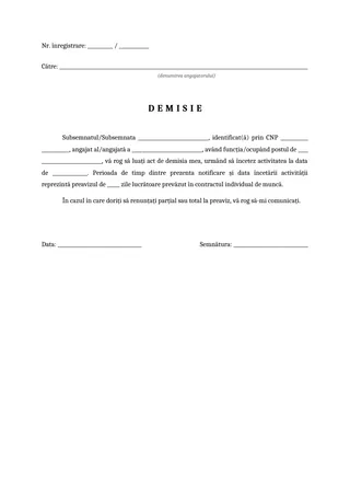 Model cerere demisie cu preaviz - exemplu de completat